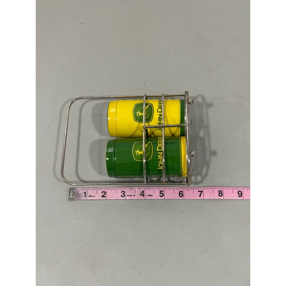John Deere Salt and Pepper Shaker Set with Metal Wire Caddy Green Yellow Tin